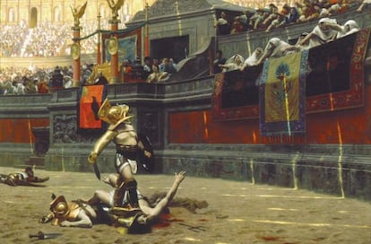 &#039;Pollice verso&#039;, &oacute;leo del pintor del XIX Jean-Leon G&eacute;r&ocirc;me, que toma su nombre del supuesto gesto para decretar la muerte del perdedor. 