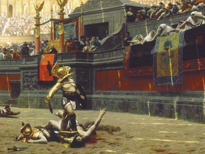 &#039;Pollice verso&#039;, &oacute;leo del pintor del XIX Jean-Leon G&eacute;r&ocirc;me, que toma su nombre del supuesto gesto para decretar la muerte del perdedor. 