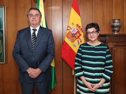 O presidente Jair Bolsonaro e a ministra das Relações Exteriores da Espanha, Arancha González Laya, nesta sexta.