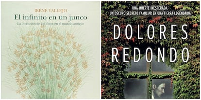 Portadas de los libros 'El infinito en un junco' de Irene Vallejo y 'Todo esto te daré' de Dolores Redondo.