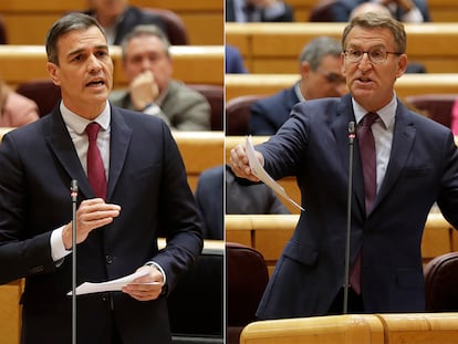 El presidente del Gobierno, Pedro Sánchez, y el líder de la oposición, Alberto Núñez Feijóo, este martes en el Senado.