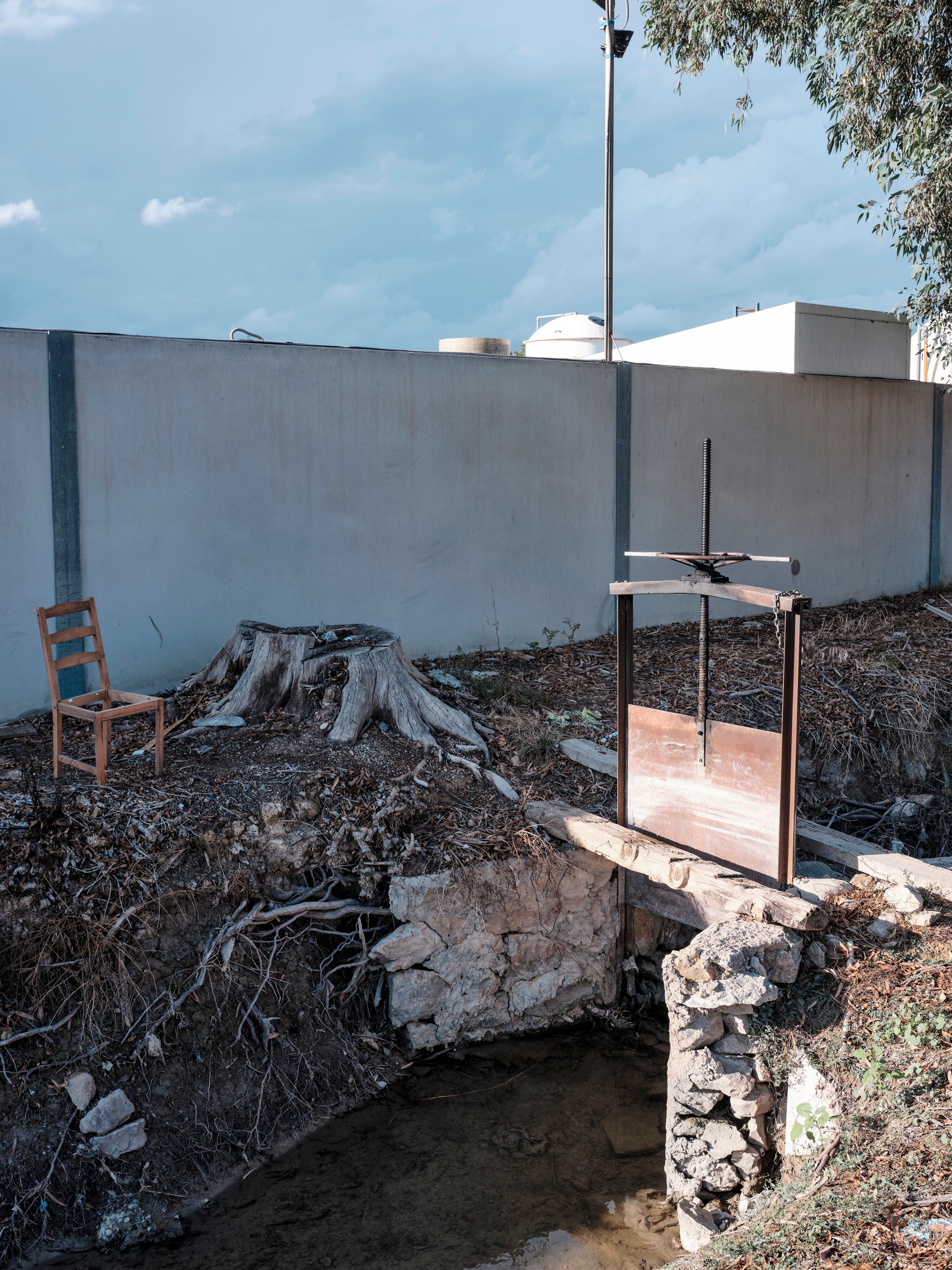 Acequia con un árbol talado y una nave industrial en una zona degradada de la huerta.