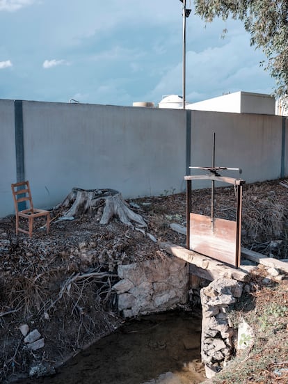 Acequia con un árbol talado y una nave industrial en una zona degradada de la huerta.