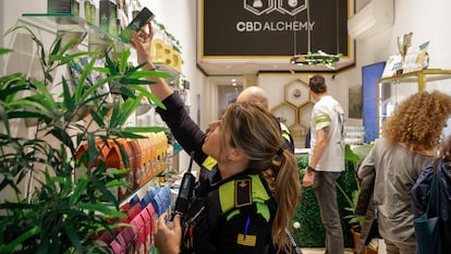 Varios policías de la Guardia Urbana inspeccionan productos relacionados con la marihuana en establecimientos de venta al público, en un dispositivo en mayo.