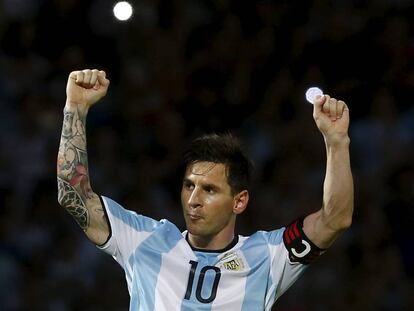 Messi celebra en gol con Argentina en marzo pasado. 