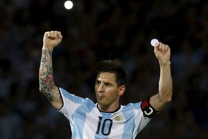 Messi celebra en gol con Argentina en marzo pasado.