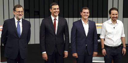 Rajoy, Sánchez, Rivera e Iglesias, poco antes del inicio del debate a cuatro de las elecciones del 26-J (2016).