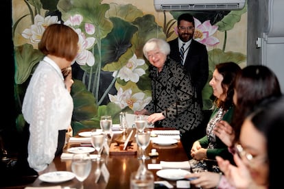 US Treasury Secretary Janet Yellen (C) arrives for a lunch with women economists at a restaurant in Hanoi, Vietnam, 20 July 2023. Yellen is on a three-day working visit to Vietnam, from 19 to 21 July, to discuss bilateral economic relations and regional affairs.