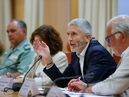 El ministro del Interior, Fernando Grande-Marlaska, y el director general de Tráfico, Pere Navarro, durante la presentación del balance de la siniestralidad vial de este verano