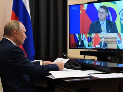 O presidente Vladmir Putin durante cúpula virtual do Brics, em que participou o presidente brasileiro Jair Bolsonaro.