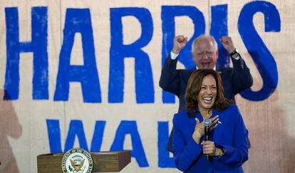 Kamala Harris, with Tim Walz behind her, on Sunday in Pennsylvania.