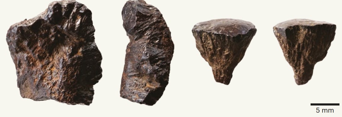 Los dos fragmentos de pirita vistos desde dos perspectivas distintas.