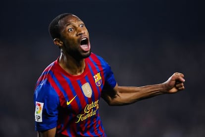 Seydou Keita of FC Barcelona celebrates after scoring his team's second goal.