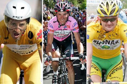 Roberto Heras, de amarillo en la Vuelta 2005; Ivan Basso, de rosa en el Giro 2006, y Floyd Landis, líder del último Tour.