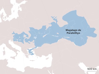 Tamaño del lago Paratetis superpuesto sobre un mapa de la Europa actual.