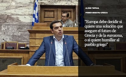 En el comienzo de una de las semanas más tensas en el tira y afloja de las negociaciones entre Atenas y los socios europeos, el primer ministro griego, Alexis Tsipras, este martes en un discurso ante su grupo parlamentario volvió a usar un tono muy duro, sin visos de querer dar su brazo a torcer. Tsipras calificó la propuesta de acuerdo de sus socios de “plan para humillar al pueblo griego”. El líder del Ejecutivo acusó al Fondo Monetario Internacional de tener una responsabilidad “criminal” en el estado de la economía griega tras cinco años de austeridad.