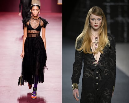 Dior y Chanel: dos propuestas de cómo mostrar la ropa interior bajo tejidos livianos en negro.