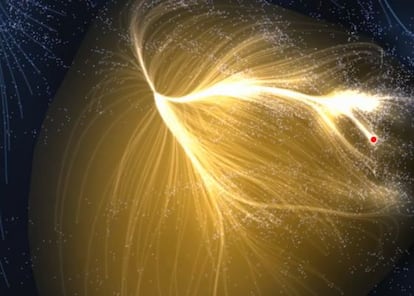 Mapa del supercúmulo de galaxias, bautizado Laniakea, al que pertenece la Vía Láctea (localización, en rojo).