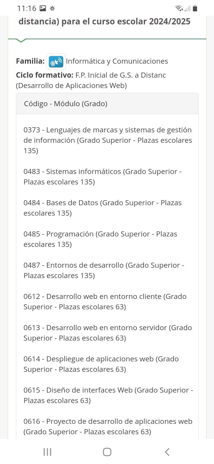 Captura de pantalla de las plazas ofertadas para la especialidad de DAW de FP a distancia el pasado lunes, 17 de junio.