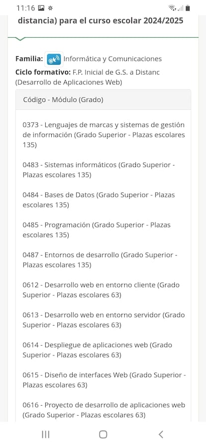 Captura de pantalla de las plazas ofertadas para la especialidad de DAW de FP a distancia el pasado lunes, 17 de junio.