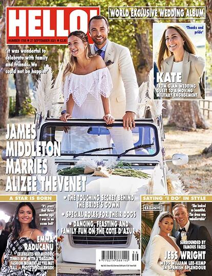 Portada de la revista 'Hola' del 27 de septiembre de 2021, en la que aparecen James Middleton y Alizee Thevenet el día de su boda