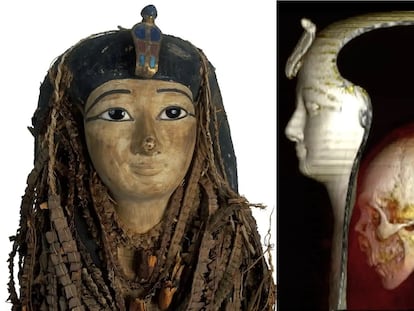 La máscara de la momia de Amenofis I y la vista con el escáner del interior.
