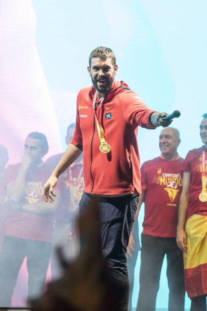 Marc Gasol durante la celebración en la plaza de Colón.