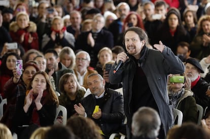 Pablo Iglesias, entonces líder de Podemos, en un acto público en un polideportivo de Gijón, el 5 de abril de 2019.