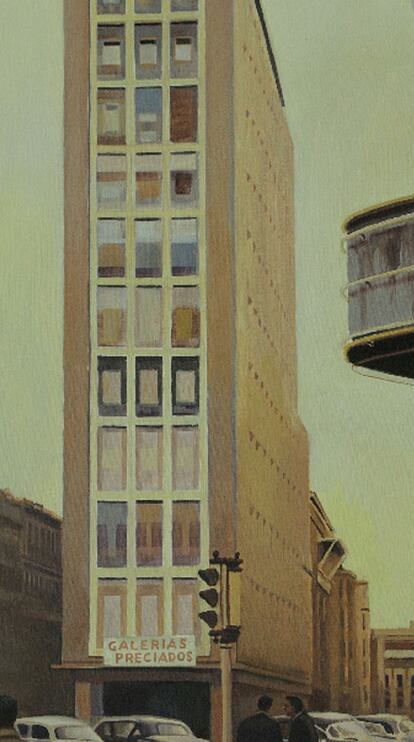 El edificio de Galerías Preciados pintado por Damián Flores tal como era en los años cincuenta.