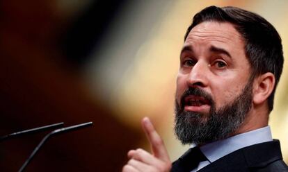 El líder de Vox, Santiago Abascal, durante el pleno celebrado el pasado 9 de abril en el Congreso de los Diputados en Madrid.