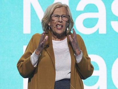 La alcaldesa madrileña Manuela Carmena, en un acto electoral en Madrid. 