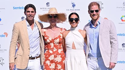 Nacho Figueras, Delfina Blaquier, Meghan Markle y Enrique de Inglaterra, en un partido de polo benéfico celebrado en Wellington, Florida, el 12 de abril de 2024.