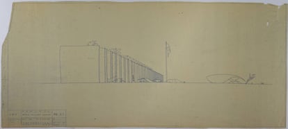 A sketch of the Army Headquarters, in Brasilia, designed by Oscar Niemeyer.