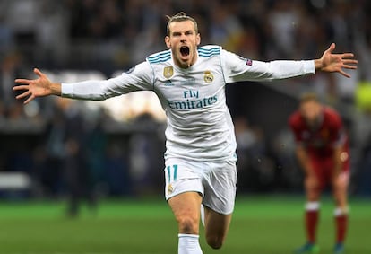 Gareth Bale celebra su gol de chilena al Liverpool en la final de Kiev.
