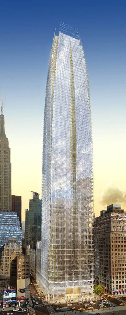 Recreación del nuevo rascacielos en la que se ve cómo entorpece la vista del Empire State (a la izquierda). Abajo,