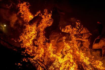 Un hombre salta a caballo una fogata como parte de un ritual conocido como las Luminarias, en honor a San Antonio Abad, el santo patrón de los animales domésticos, en San Bartolomé de Pinares, Ávila.