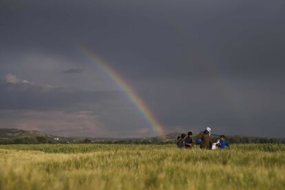 Refugiados sírios caminham por um campo com arco-íris ao fundo, em idomeni (Grécia), em 7 de maio de 2016.