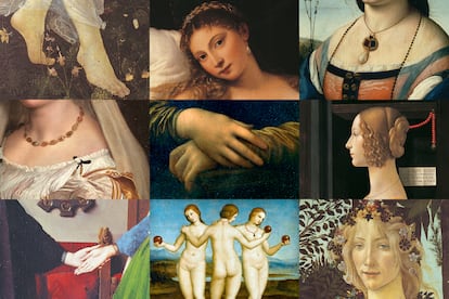 Detalle de los cuadros: 'La primavera' (Sandro Botticelli, 1477-1482, Galería Uffizi), 'La Venus de Urbino' (Tiziano Velicello, 1538, Galería Uffizi), 'Retrato de Maddalena Doni' (Rafael Sanzio, 1506, Galería Palatina del Palacio Pitti), 'La velada' (Rafael Sanzio), 'La Gioconda' (Leonardo da Vinci, 1503, Museo del Louvre), 'Retrato de Giovanna Tornabuoni' (Domenico Ghirlandaio, 1488, Museo Thyssen-Bornemisza), 'Las Gracias' (Rafael Sanzio, 1504, Museo Condé), 'El matrimonio Arnolfini' (Jan van Eyck, 1434, National Gallery).