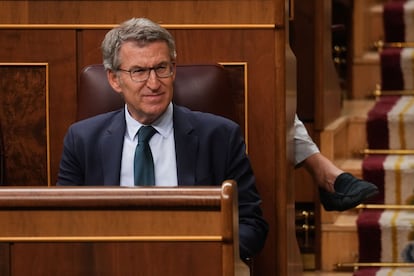 Alberto Núñez Feijóo, en su escaño del Congreso de los Diputados, en un pleno celebrado en julio.