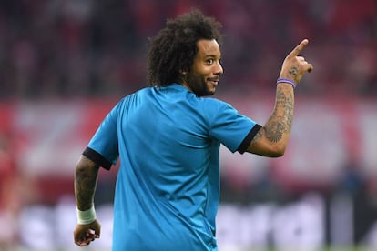 Marcelo, durante el calentamiento del Bayern-Madrid.