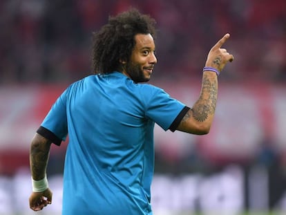 Marcelo, durante el calentamiento del Bayern-Madrid.