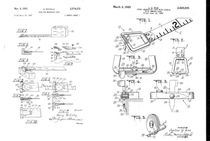 A la izquierda, el primer extremo en forma de L para sujetar la cinta métrica a esquinas, de Harry Mccully (1947). A la derecha, clav o para sujetar el metro en superficies resistentes, de Justus G Roe (1950). |