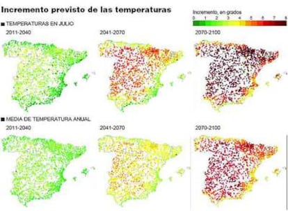 Incremento previsto de las temperaturas.