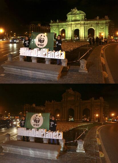 Esta combinación de imágenes muestra la Puerta de Alcalá en Madrid, España, antes y durante la Hora del Planeta. 