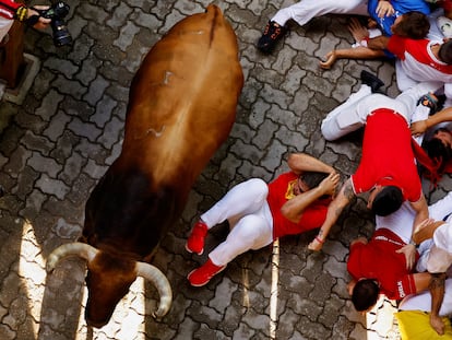 Un astado de la ganadería Fuente Ymbro pasa junto a un grupo de corredores, este miércoles en Pamplona.