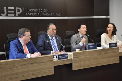 Declaración y rueda de prensa de la Sala de Reconocimiento de Verdad y Responsabilidad, en Bogotá, el 17 de julio de 2023.