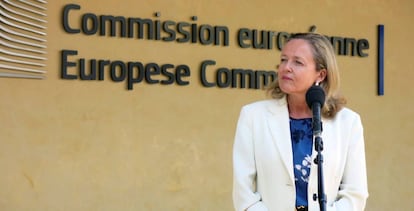 La ministra de Economía, Nadia Calviño, durante su visita este lunes a la Comisión Europea, en Bruselas.