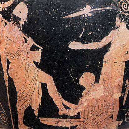 Odiseo llega al palacio de Ítaca. Pintura atribuida al pintor de Penélope.