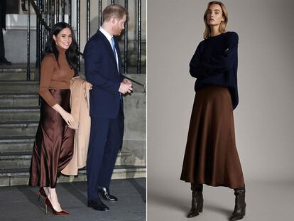 Meghan Markle con falda de satén de Massimo Dutti.