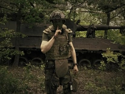 A Ukrainian soldier on Sunday in a front line position, in an image released by the Russian Defense Ministry.